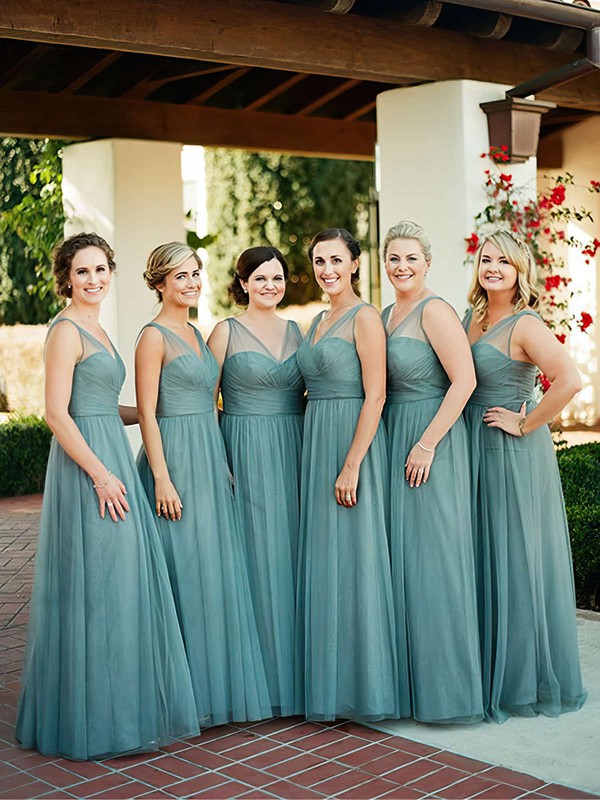Affordable A-line Tulle with Ruffles Floor-length V-neck Bridesmaid Dresses #PWD01012907