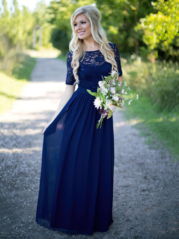 Elegant A-line Scoop Neck Floor-length Lace Chiffon Sequins Short Sleeve Bridesmaid Dress #PWD01012910
