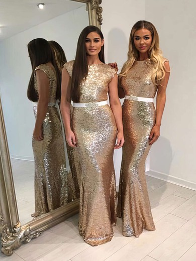 Trumpet/Mermaid Scoop Neck Sequined Floor-length Sashes / Ribbons Backless Bridesmaid Dresses #PWD01012911