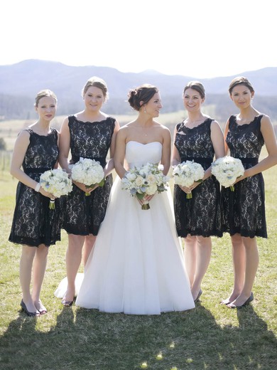 Black Knee-length A-line Scoop Neck Lace Sashes / Ribbons Open Back Bridesmaid Dresses #PWD01012917