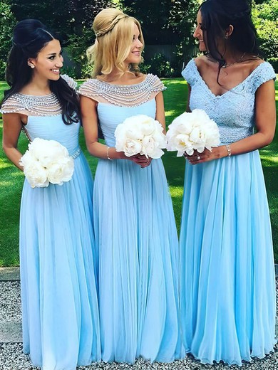 A-line Scoop Neck Chiffon Tulle Pearl Detailing Floor-length Famous Bridesmaid Dresses #PWD01012921