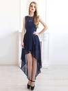 Scoop Neck A-line Dark Navy Chiffon with Lace Online Asymmetrical Bridesmaid Dresses #PWD01012927