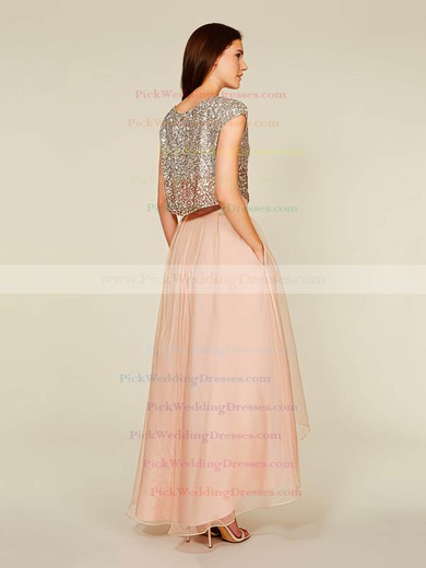 Asymmetrical A-line Scoop Neck Tulle Sequined Short Sleeve Two Piece Bridesmaid Dress #PWD01012930