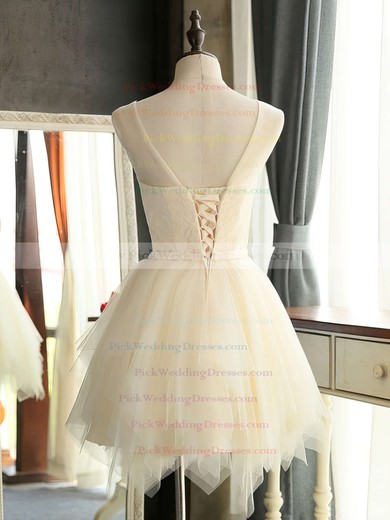 Cute Scoop Neck A-line Lace Tulle Sashes / Ribbons Short/Mini Bridesmaid Dresses #PWD01012941