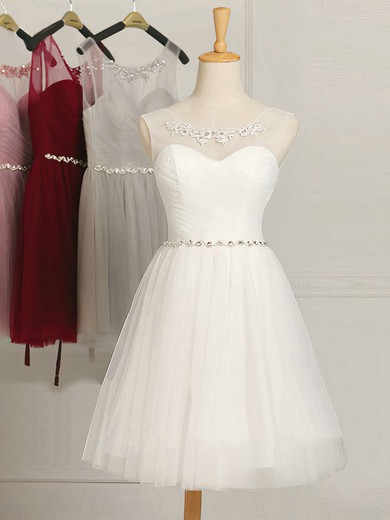 White Short/Mini A-line Scoop Neck Tulle Ruffles Sweet Bridesmaid Dresses #PWD01012948