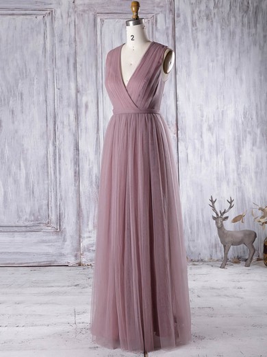 Elegant A-line Tulle Appliques Lace Floor-length V-neck Bridesmaid Dresses #PWD01012956