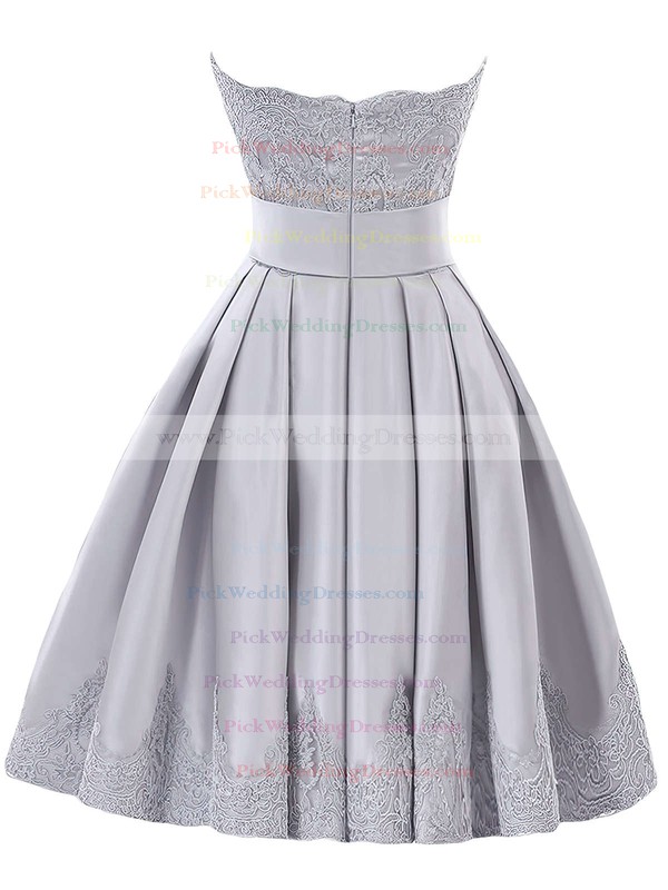 Strapless A-line Satin with Appliques Lace Graceful Knee-length Bridesmaid Dresses #PWD01012957