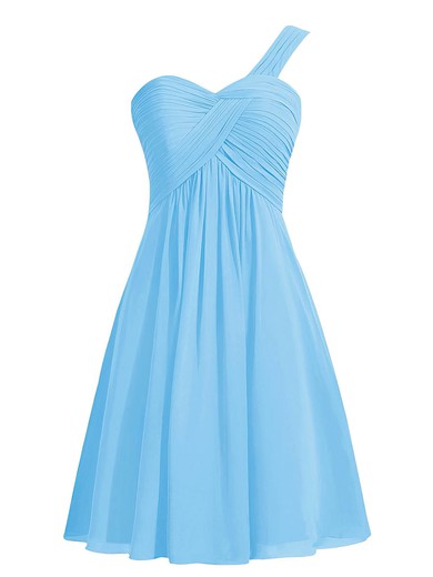 Simple Blue Empire Ruffles Chiffon Knee-length One Shoulder Bridesmaid Dresses #PWD01012959