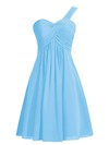 Simple Blue Empire Ruffles Chiffon Knee-length One Shoulder Bridesmaid Dresses #PWD01012959