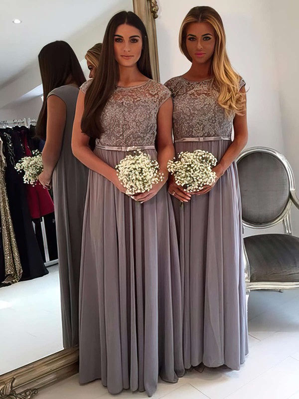 Boutique A-line Scoop Neck Chiffon Tulle Floor-length Appliques Lace Cap Straps Bridesmaid Dresses #PWD01012962