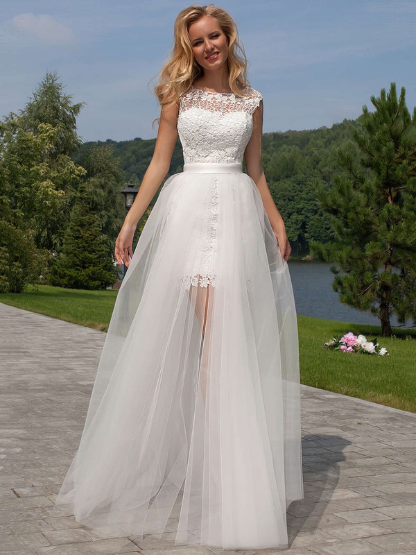 New Style Scoop Neck Sheath/Column Lace Tulle Ruffles Open Back Detachable Wedding Dresses #PWD00022524