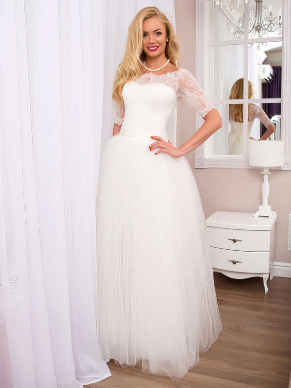 New Arrival A-line Scoop Neck Tulle with Lace Floor-length 1/2 Sleeve White Wedding Dresses #PWD00022525