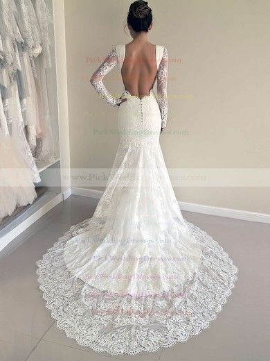 Backless Trumpet/Mermaid Scoop Neck Lace Court Train Long Sleeve Newest Wedding Dresses #PWD00022527