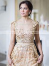 Exclusive A-line Scoop Neck Tulle Crystal Detailing Sweep Train Champagne Wedding Dresses #PWD00022530