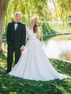 Elegant A-line Scoop Neck Lace with Sashes / Ribbons Sweep Train 1/2 Sleeve Wedding Dresses #PWD00022531