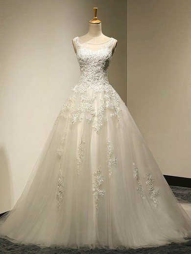 Graceful Scoop Neck Tulle Appliques Lace Court Train Ball Gown Wedding Dresses #PWD00022534