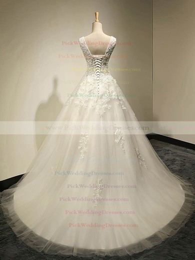 Graceful Scoop Neck Tulle Appliques Lace Court Train Ball Gown Wedding Dresses #PWD00022534