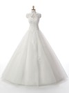 Noble Ball Gown Tulle Appliques Lace Floor-length White High Neck Wedding Dresses #PWD00022537