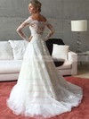 Off-the-shoulder A-line Tulle Appliques Lace Sweep Train Long Sleeve Popular Wedding Dresses #PWD00022541