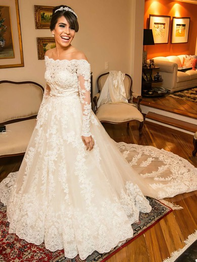 Beautiful A-line Scoop Neck Tulle Appliques Lace Chapel Train Long Sleeve Wedding Dresses #PWD00022542