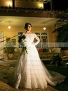 Beautiful A-line Scoop Neck Tulle Appliques Lace Chapel Train Long Sleeve Wedding Dresses #PWD00022542