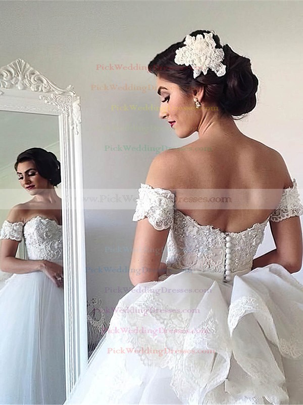 Glamorous Ball Gown Sweetheart Tulle Appliques Lace Watteau Train Backless Wedding Dresses #PWD00022543