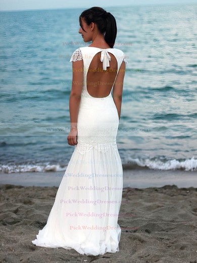 Trumpet/Mermaid Scoop Neck Chiffon with Lace Floor-length Open Back Fabulous Wedding Dresses #PWD00022545