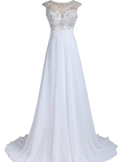 Nice White A-line Scoop Neck Chiffon Tulle with Beading Sweep Train Open Back Wedding Dresses #PWD00022549