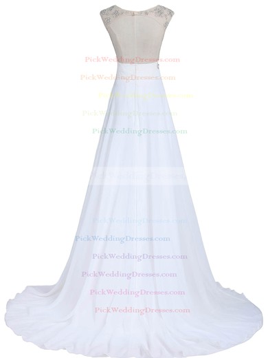 Nice White A-line Scoop Neck Chiffon Tulle with Beading Sweep Train Open Back Wedding Dresses #PWD00022549