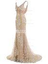 Trumpet/Mermaid V-neck Tulle Appliques Lace Sweep Train Backless Original Wedding Dresses #PWD00022550