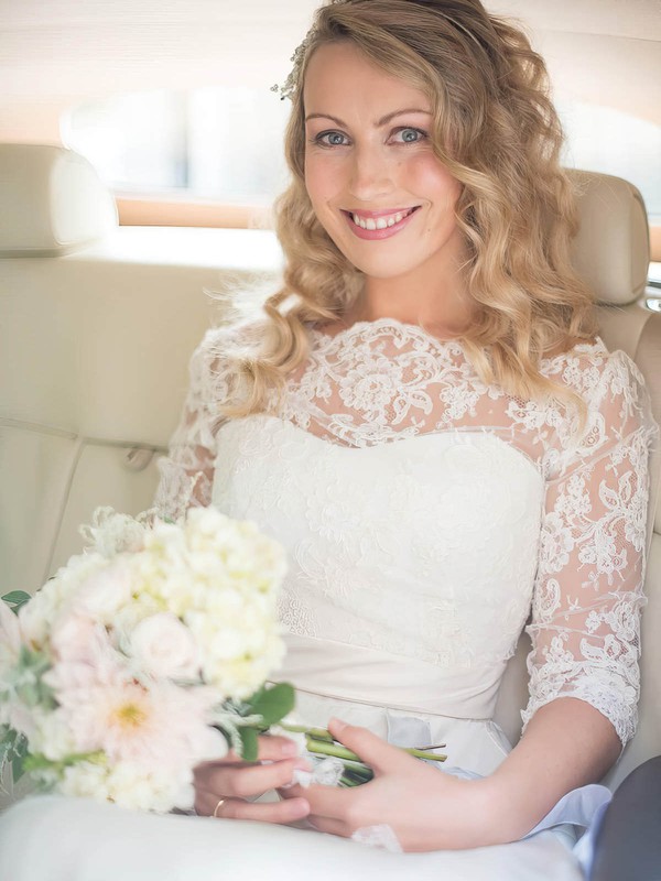 A-line Scalloped Neck Lace Chiffon Sashes / Ribbons Sweep Train 3/4 Sleeve Amazing Wedding Dresses #PWD00022552