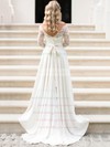 A-line Scalloped Neck Lace Chiffon Sashes / Ribbons Sweep Train 3/4 Sleeve Amazing Wedding Dresses #PWD00022552