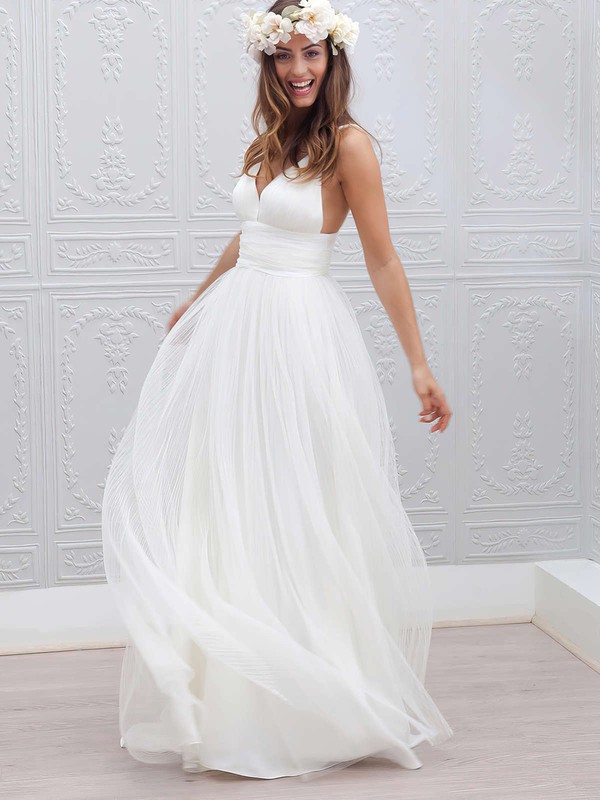 A-line V-neck Tulle with Pleats Sweep Train Backless Modern Wedding Dresses #PWD00022553
