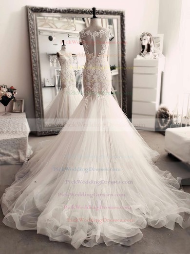 Stunning Trumpet/Mermaid Scoop Neck Tulle Appliques Lace Chapel Train Ivory Wedding Dresses #PWD00022554
