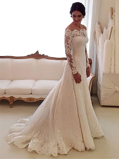 Top A-line Lace Tulle Appliques Lace Watteau Train Off-the-shoulder Long Sleeve Wedding Dress #PWD00022557