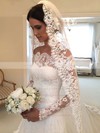 Top A-line Lace Tulle Appliques Lace Watteau Train Off-the-shoulder Long Sleeve Wedding Dress #PWD00022557