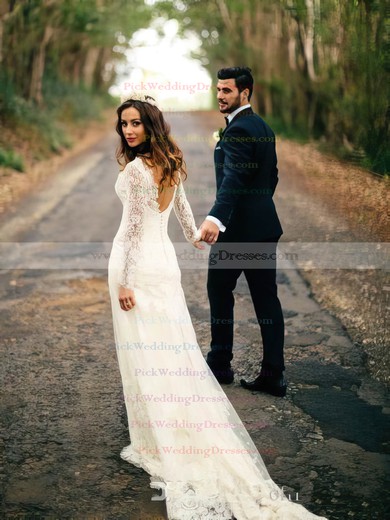 V-neck Sheath/Column Lace Tulle Sweep Train Appliques Lace Long Sleeve Backless Best Wedding Dress #PWD00022558