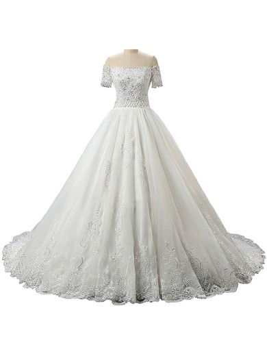 Off-the-shoulder Ball Gown Organza with Beading Court Train Short Sleeve Online Wedding Dress #PWD00022559