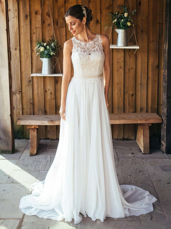 Discounted A-line Scoop Neck Chiffon with Appliques Lace Sweep Train White Wedding Dresses #PWD00022561