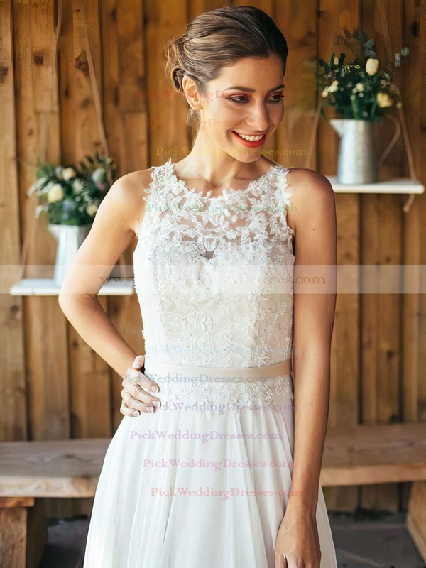 Discounted A-line Scoop Neck Chiffon with Appliques Lace Sweep Train White Wedding Dresses #PWD00022561