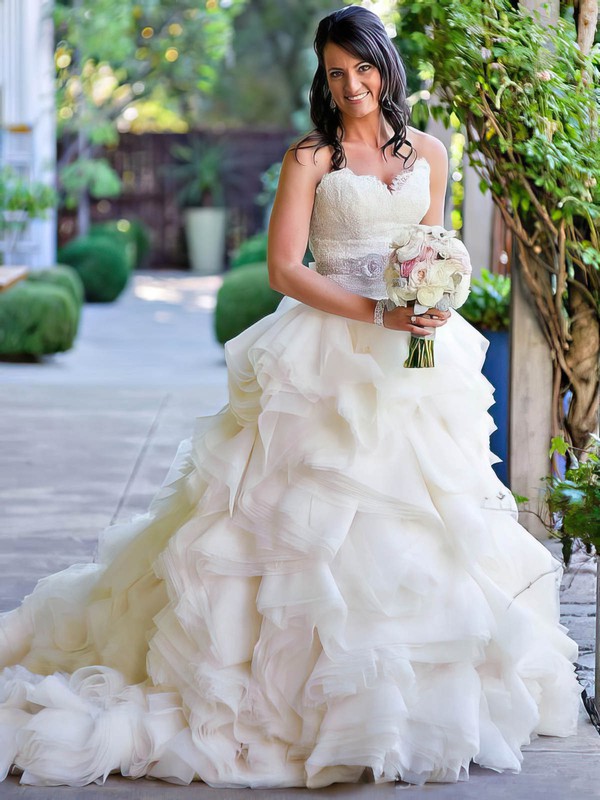 A-line Sweetheart Organza with Appliques Lace Court Train Beautiful Wedding Dresses #PWD00022563