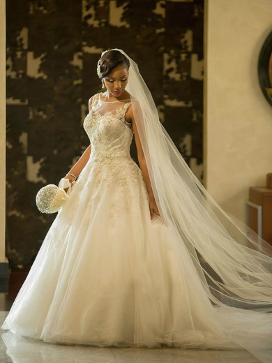 Fabulous A-line Scoop Neck Tulle with Appliques Lace Sweep Train Wedding Dresses #PWD00022564