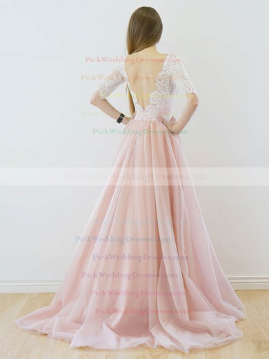 New Style A-line V-neck Lace Tulle Sweep Train 1/2 Sleeve Backless Wedding Dresses #PWD00022565