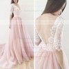 New Style A-line V-neck Lace Tulle Sweep Train 1/2 Sleeve Backless Wedding Dresses #PWD00022565