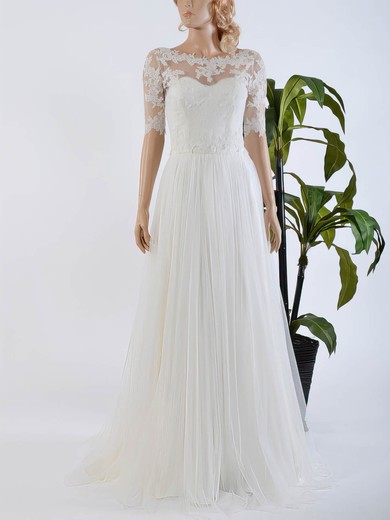 Wholesale A-line Scoop Neck Tulle Chiffon Appliques Lace Sweep Train 1/2 Sleeve Wedding Dresses #PWD00022567