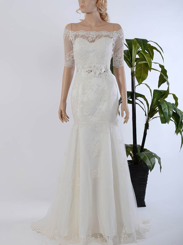 Off-the-shoulder Trumpet/Mermaid Tulle Sweep Train Appliques Lace 1/2 Sleeve Wedding Dresses #PWD00022568