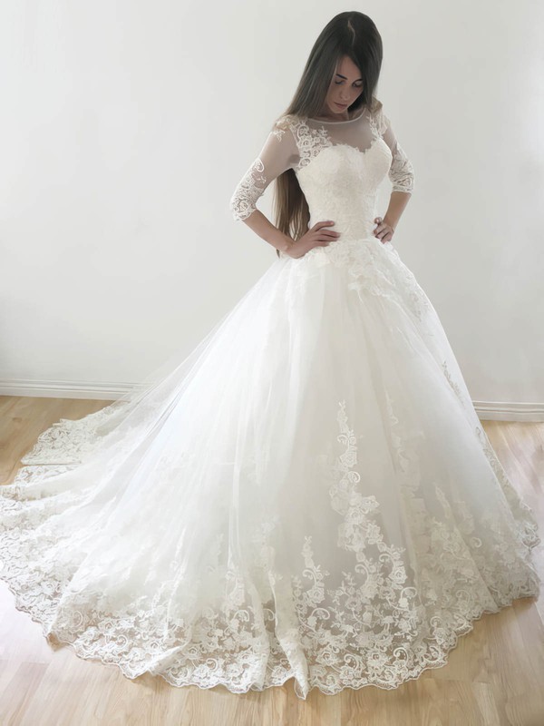 Promotion Princess Scoop Neck Tulle Appliques Lace Court Train 3/4 Sleeve Wedding Dresses #PWD00022569