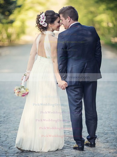 Inexpensive A-line Ruffles Chiffon Floor-length Open Back High Neck Wedding Dresses #PWD00022572
