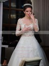 Glamorous A-line Scoop Neck Tulle with Appliques Lace Sweep Train Long Sleeve Wedding Dress #PWD00022573