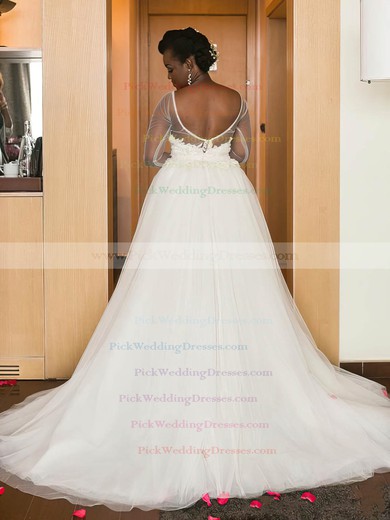 Asymmetrical Backless A-line Scoop Neck Tulle Appliques Lace Unusual Long Sleeve Wedding Dress #PWD00022574